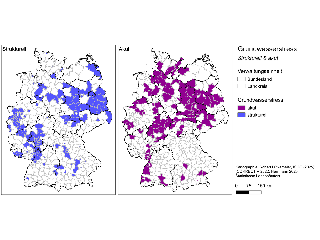 Landkreise und kreisfreie Städte in Deutschland, die unter strukturellem und/oder akutem Grundwasserstress leiden. Karte der Landkreise und kreisfreie Städte in Deutschland, die unter strukturellem und/oder akutem Grundwasserstress leiden.