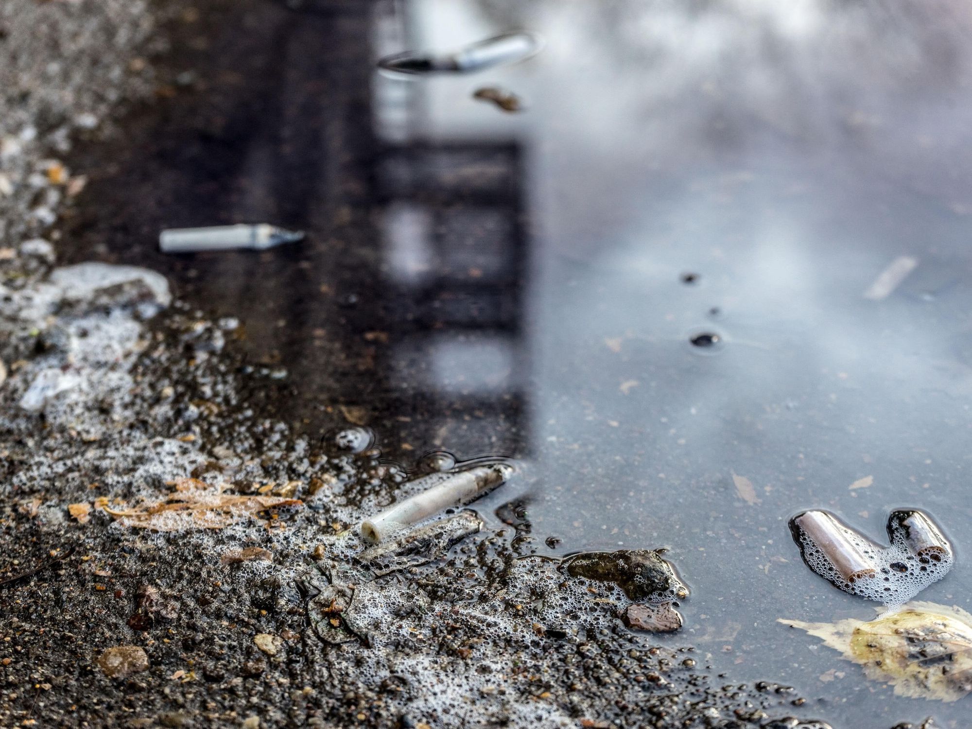Zigarettenkippen im Wasser am Ufer eines Gewässers