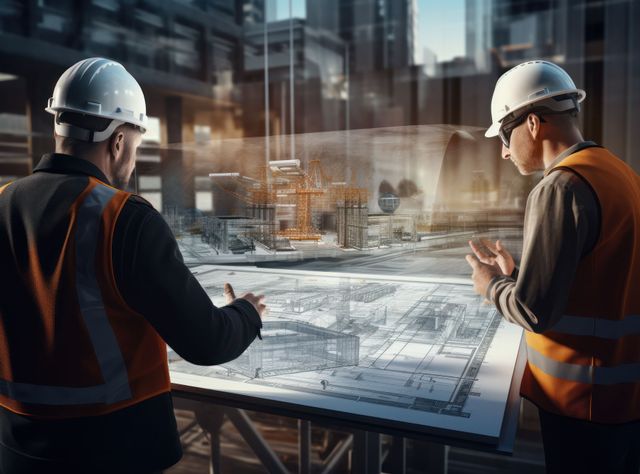 Kai Baustellenlogistik Zwei Bauarbeiter betrachten einen digitalen Plan einer Baustelle