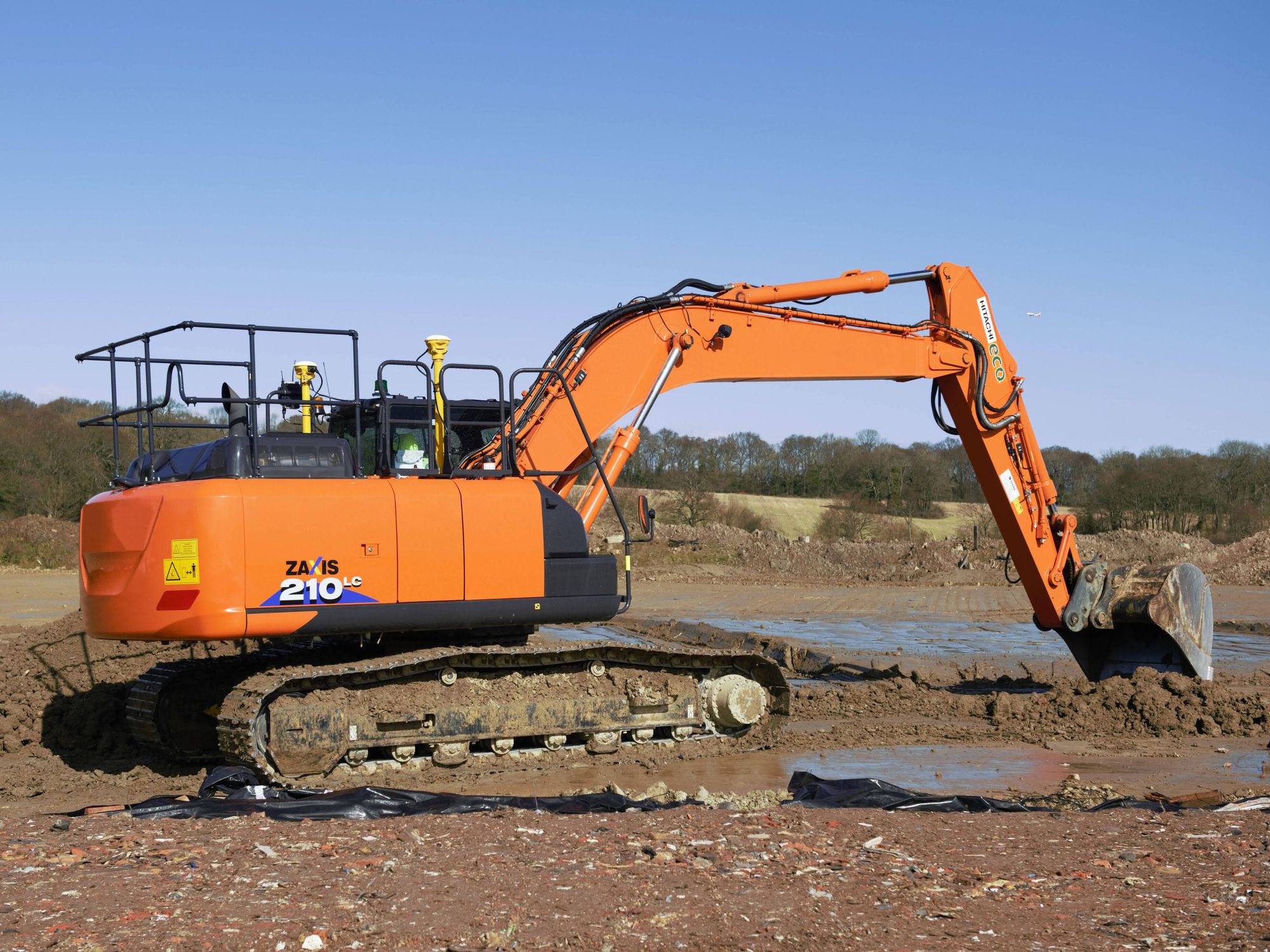 Ein Hitachi-Bagger mit der Ausrüstung von Trimble