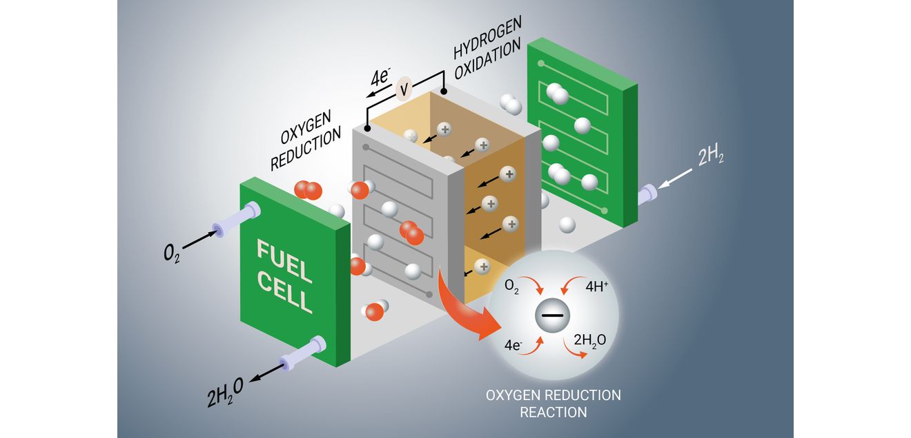 Brennststoffzellen-Katalysatoren verstehen - Fritz-Haber-Institut Studie 2026 Schematische Darstellung einer Brennstoffzelle und der untersuchten elektrochemischen Prozesse.