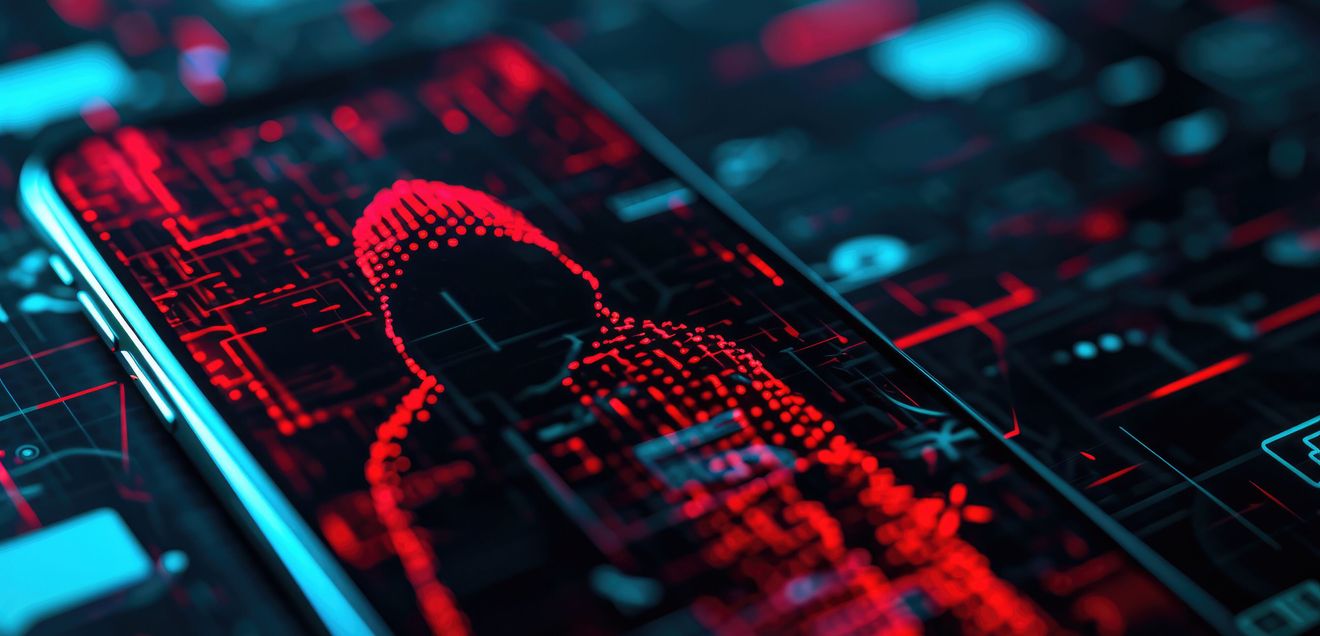 Ein Hacker mit rotem Kapuzenpulli, der als digitale Grafik auf einem Smartphone erscheint