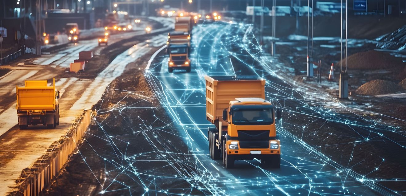 Lastwagen Lastwagen fahre über eine Straße mit digitalem Gitternetz