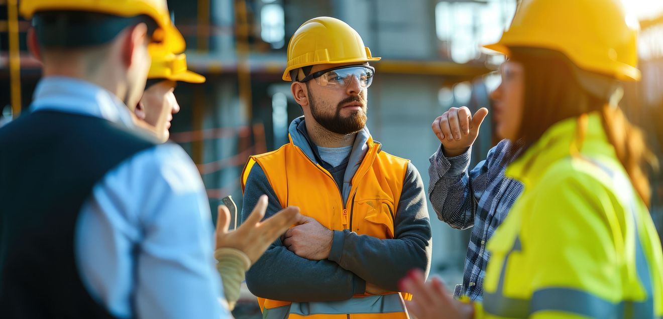 Baustelle Männliche und weibliche Bauleiter im intensiven Gespräch auf einer Baustelle.