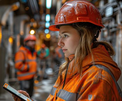 Bauarbeiterin Eine Bauarbeiterin mit Tablet und in Schutzkleidung auf einer Baustelle