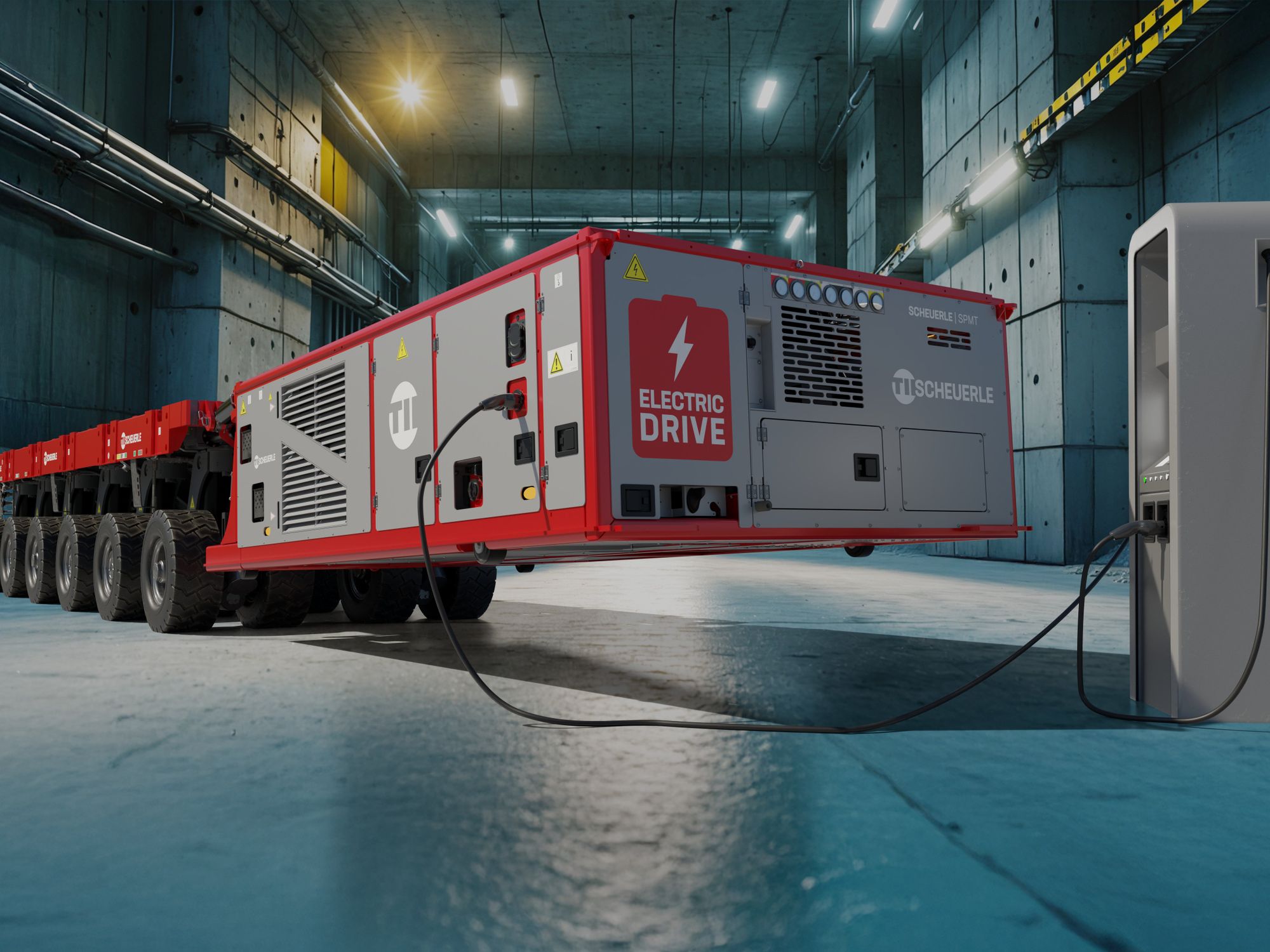Zukunftssichere Schwertransporte: Zero-Emission-Antrieb von Til Scheuerle Eine elektrisch angetriebenes Schwerlastmodul von Scheuerle an der Ladestation