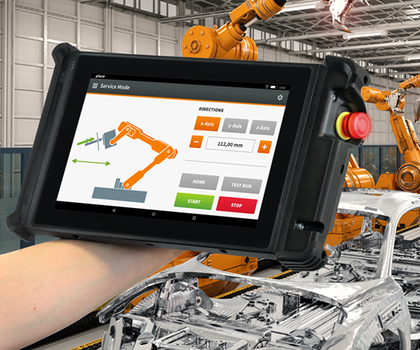 Device from the M2Smart HMI series M2Smart HMI series device in front of industrial robots