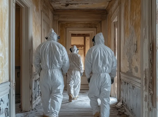 Drei Männer in Schutzanzügen in einem Asbest belateten Haus.