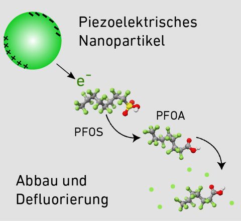 Grafik: Das piezoelektrische Nanopartikel agiert als Katalysator und setzt eine chemische Reaktion in Gang: Das PFOS-Molekül wird zu 90.5 % abgebaut und zu 29 % defluoriert.