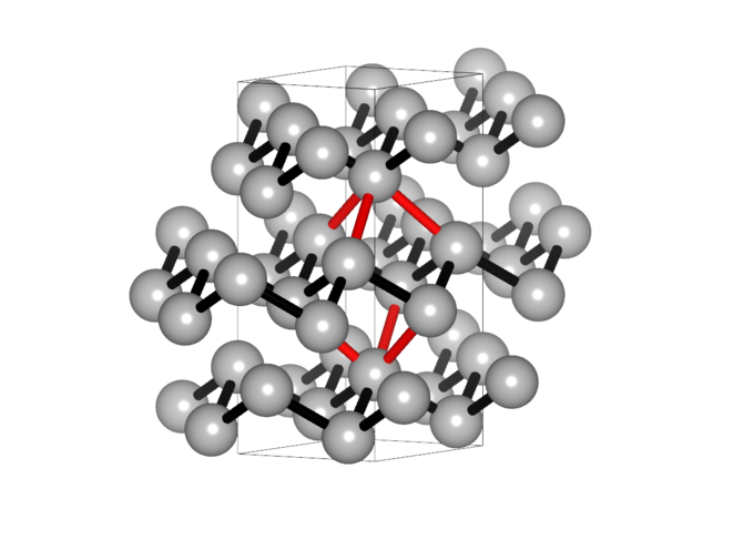 Schematische Darstellung der Kristallstruktur von Antimon in seiner stabilen alpha-Phase