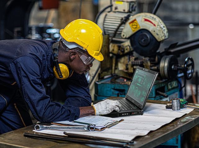 Arbeiter mit Laptop S510 auf der Baustelle