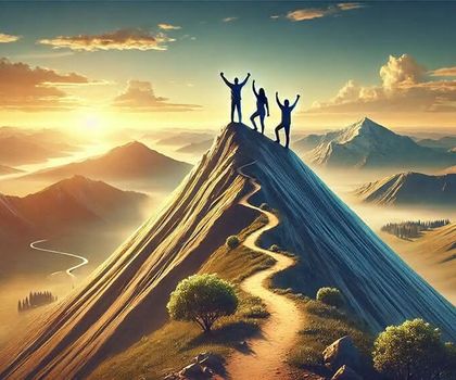 Drei Menschen stehen auf einem Berggipfel