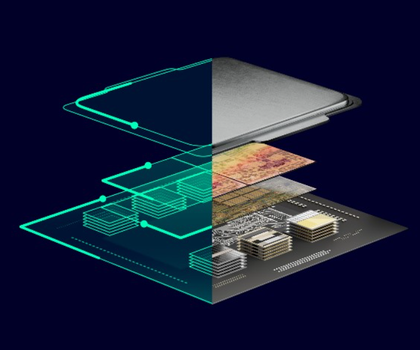 Siemens opens access to EDA software in Europe: EuroCDP strengthens chip design and semiconductor industry Open representation of a semiconductor chip: above a metal housing, below several stacked functional and layer levels up to the circuit board; on the left as an abstract, neon-like design graphic, on the right as a realistic, physical chip structure.