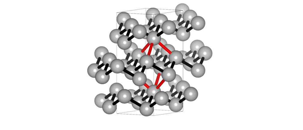 Schematische Darstellung der Kristallstruktur von Antimon in seiner stabilen alpha-Phase Schematische Darstellung der Kristallstruktur von Antimon in seiner stabilen alpha-Phase