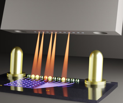 Photonische Mikrochips mit 3D-Stecker: Wie ein 3D-System photonische Chips industriefähig macht Illustration eines photonischen Chips (blau), der über 3D-gedruckte Koppler (grün) mit einem Glasfaser-Array (schwarz) verbunden ist.
