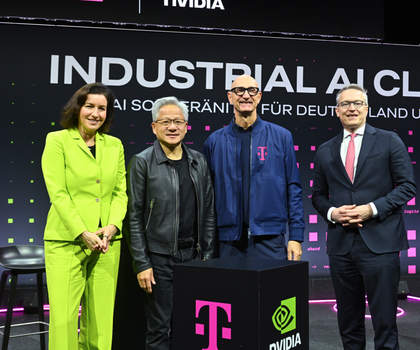 AI factory in Munich: Deutsche Telekom and NVIDIA launch Europe's largest Industrial AI Cloud From left to right: Dorothee Bär (Federal Minister for Research, Technology and Space), Jensen Huang (CEO NVIDIA), Tim Höttges (CEO Deutsche Telekom), Dr. Karsten Wildberger (Federal Minister for Digital and State Modernization).