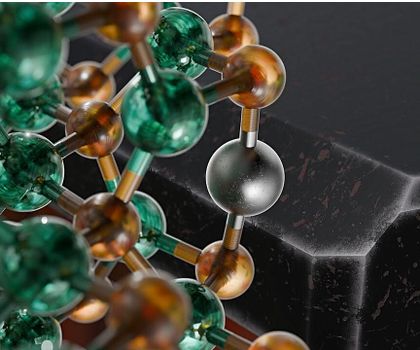 Ausschnitt der atomaren Struktur eines Cadmiumselenid-Nanopartikels mit eingebautem Quecksilber-Fremdatom. Rechts: Künstlerische Darstellung eines stark vergrößerten Nanoplättchens mit Quecksilberdefekten an aktiven Ecken Modell im Bild links: Ausschnitt der atomaren Struktur eines Cadmiumselenid-Nanopartikels mit eingebautem Quecksilber-Fremdatom. Rechts: Künstlerische Darstellung eines stark vergrößerten Nanoplättchens mit Quecksilberdefekten an aktiven Ecken.