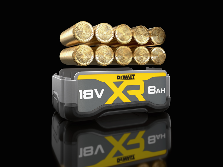 Innovative Akkutechnologie Zwei neue Akkus verstärken das Dewalt-Sortiment: DCB1880-XJ 18 Volt / 8 Ah Tabless Akku und DCBP318-XJ 18 Volt / 3,5 Ah Powerstack Akku Ein Akku von Dewalt