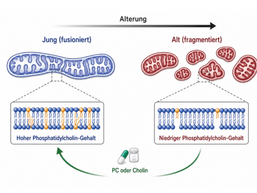 Phosphatidylcholin ist für die Funktion der Mitochondrien wichtig. Seine Produktion nimmt mit zunehmendem Alter ab, was die Energieproduktion der Zellen beeinträchtigt. Eine ausreichende Zufuhr über die Ernährung kann die Funktion der Mitochondrien wiederherstellen und möglicherweise ein gesundes Altern unterstützen. Phosphatidylcholin ist für die Funktion der Mitochondrien wichtig. Seine Produktion nimmt mit zunehmendem Alter ab, was die Energieproduktion der Zellen beeinträchtigt. Eine ausreichende Zufuhr über die Ernährung kann die Funktion der Mitochondrien wiederherstellen und möglicherweise ein gesundes Altern unterstützen.