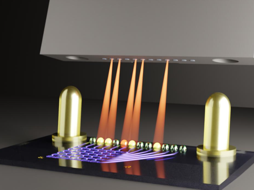 Photonic microchips with 3D connector: How a 3D system makes photonic chips industrially viable Illustration of a photonic chip (blue) connected to a fiber optic array (black) via 3D-printed couplers (green).