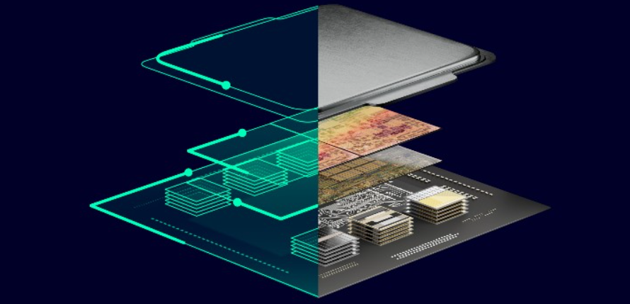Offene Darstellung eines Halbleiter-Chips: oben ein Metallgehäuse, darunter mehrere gestapelte Funktions- und Schichtenebenen bis zur Leiterplatte; links als abstrahierte, neonartige Designgrafik, rechts als realistische, physische Chipstruktur dargestellt.