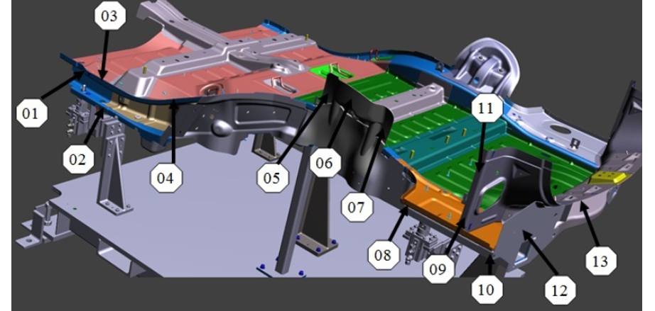 The robots move to a large number of different measuring points on the floor pan. The robots move to a large number of different measuring points on the floor pan.