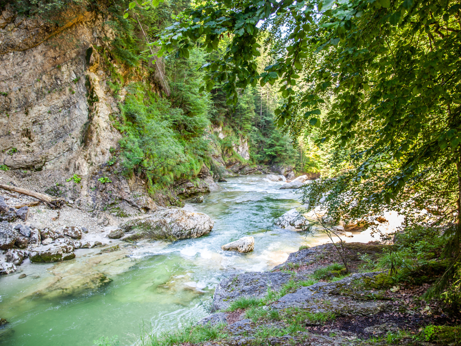 Klimawandel und Wasserverfügbarkeit: Uni Graz untersucht alpine Quellen Fluss im Wald an der Tiefenbachklamm Kramsach in Österreich