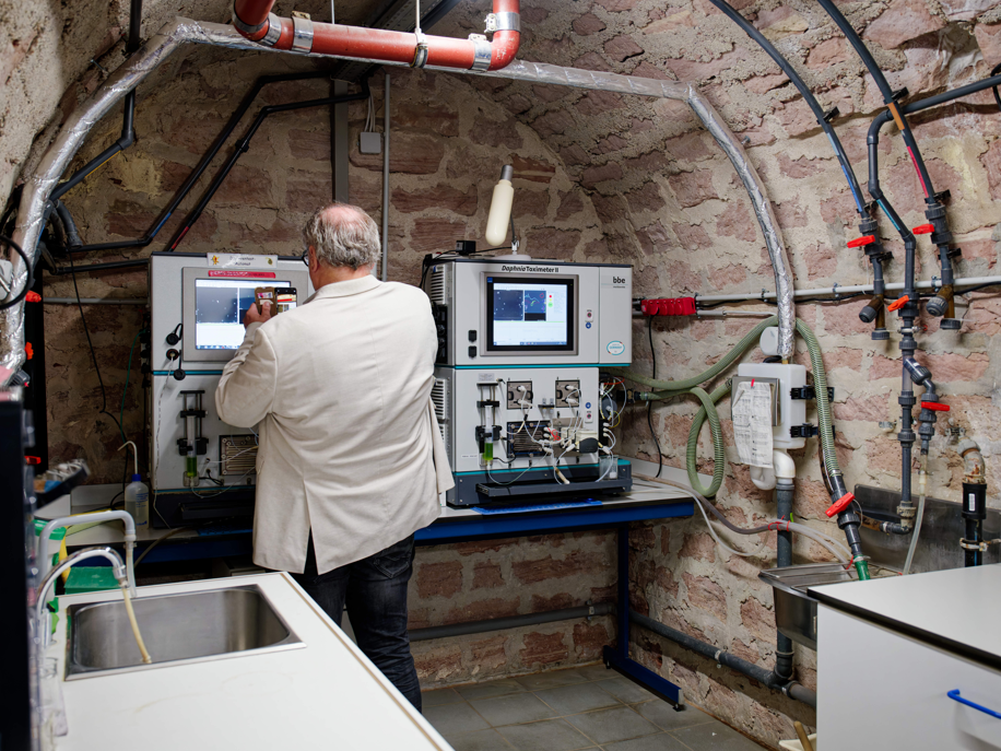 Wasserqualität des Rheins seit 30 Jahren kontrolliert Ein Besucher steht bei einem Rundgang durch die Rheingütestation an einem Daphnientoximeter. Die Rheingütestation ist ein zentraler Bestandteil des Gewässerschutzes am Rhein. Sie überwacht kontinuierlich die Wasserqualität und leistet damit seit 30 Jahren einen wichtigen Beitrag zum Umweltschutz und der Sicherheit der Trinkwasserversorgung.