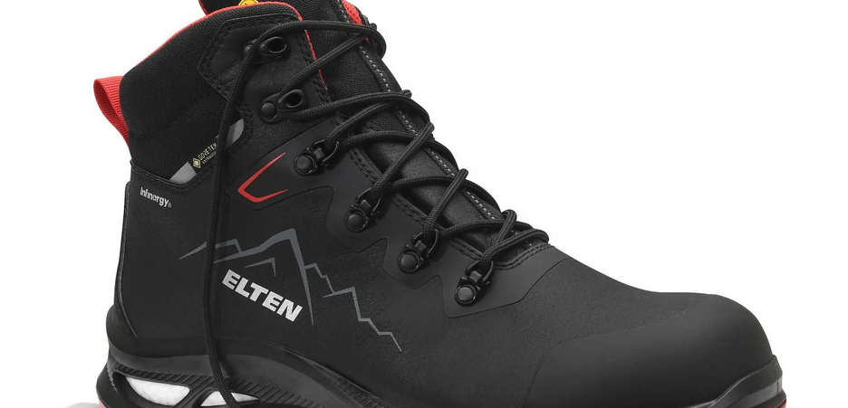 Der Sicherheitsstiefel "Nolan XXG GTX black-red Mid ESD S3S WR HI CI" aus dem Hause Elten kombiniert hohe Schutzstandards mit innovativen Materialien.