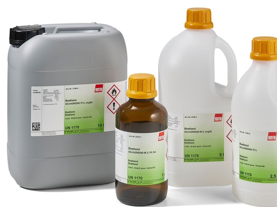 Verschiedene Gebindegrößen (SOLVAGREEN-Bioethanol)