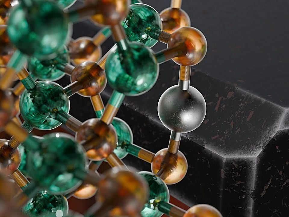 Ausschnitt der atomaren Struktur eines Cadmiumselenid-Nanopartikels mit eingebautem Quecksilber-Fremdatom. Rechts: Künstlerische Darstellung eines stark vergrößerten Nanoplättchens mit Quecksilberdefekten an aktiven Ecken Modell im Bild links: Ausschnitt der atomaren Struktur eines Cadmiumselenid-Nanopartikels mit eingebautem Quecksilber-Fremdatom. Rechts: Künstlerische Darstellung eines stark vergrößerten Nanoplättchens mit Quecksilberdefekten an aktiven Ecken.