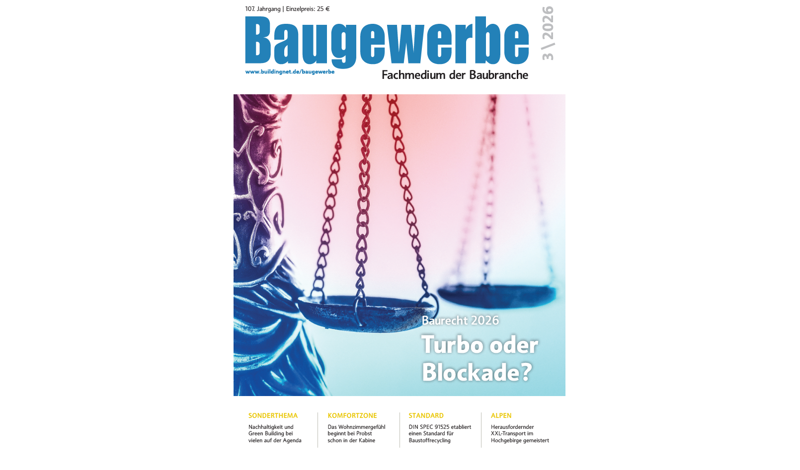 Cover der März-Ausgabe des Baugewerbe Magazins, zu sehen: die Hände von Justizia mit der Waagschale