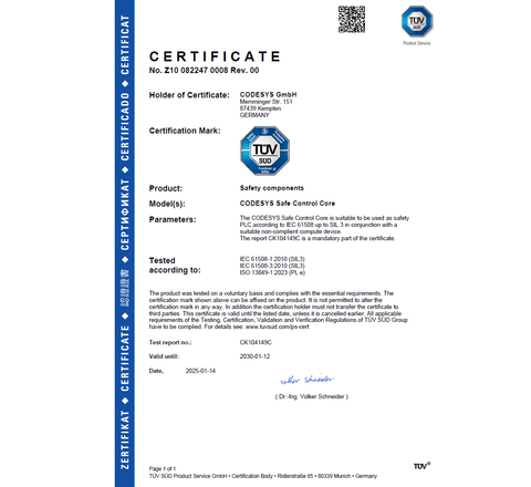 Figure 4: TÜV Süd certificate confirming the suitability of CODESYS Safe Control Core for applications according to IEC 61508 SIL3, the basic software for CODESYS Virtual Safe Control SL. Product development was funded by the German Federal Ministry for Economic Affairs and Climate Protection as part of the SDM4FZI research project.