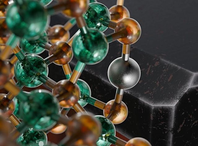 Ausschnitt der atomaren Struktur eines Cadmiumselenid-Nanopartikels mit eingebautem Quecksilber-Fremdatom. Rechts: Künstlerische Darstellung eines stark vergrößerten Nanoplättchens mit Quecksilberdefekten an aktiven Ecken Modell im Bild links: Ausschnitt der atomaren Struktur eines Cadmiumselenid-Nanopartikels mit eingebautem Quecksilber-Fremdatom. Rechts: Künstlerische Darstellung eines stark vergrößerten Nanoplättchens mit Quecksilberdefekten an aktiven Ecken.