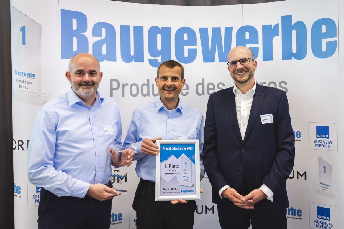 Die Verlegemaschine VM-X Pavermax premium von Probst belegte den ersten Platz der Kategorie Baumaschinen. Die Verlegemaschine VM-X Pavermax premium von Probst belegte den ersten Platz der Kategorie Baumaschinen.