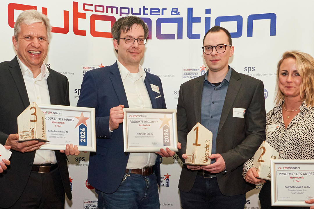 The winners in the 'Measurement Technology' category: Wolfgang Ziehers (Kistler), Martin Eppinger and Dominik Auth (Jumo) and Jessica Genz (Vahle) The winners in the 'Measurement Technology' category: Wolfgang Ziehers (Kistler), Martin Eppinger and Dominik Auth (Jumo) and Jessica Genz (Vahle)