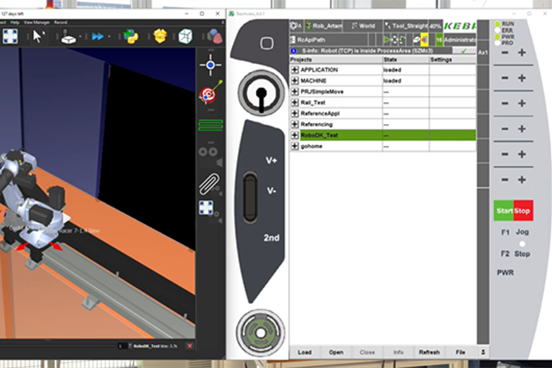 The connection of Keba control technology to RoboDK enables users to virtually create and test robot cell scenarios in a simulated environment. The connection of Keba control technology to RoboDK enables users to virtually create and test robot cell scenarios in a simulated environment.