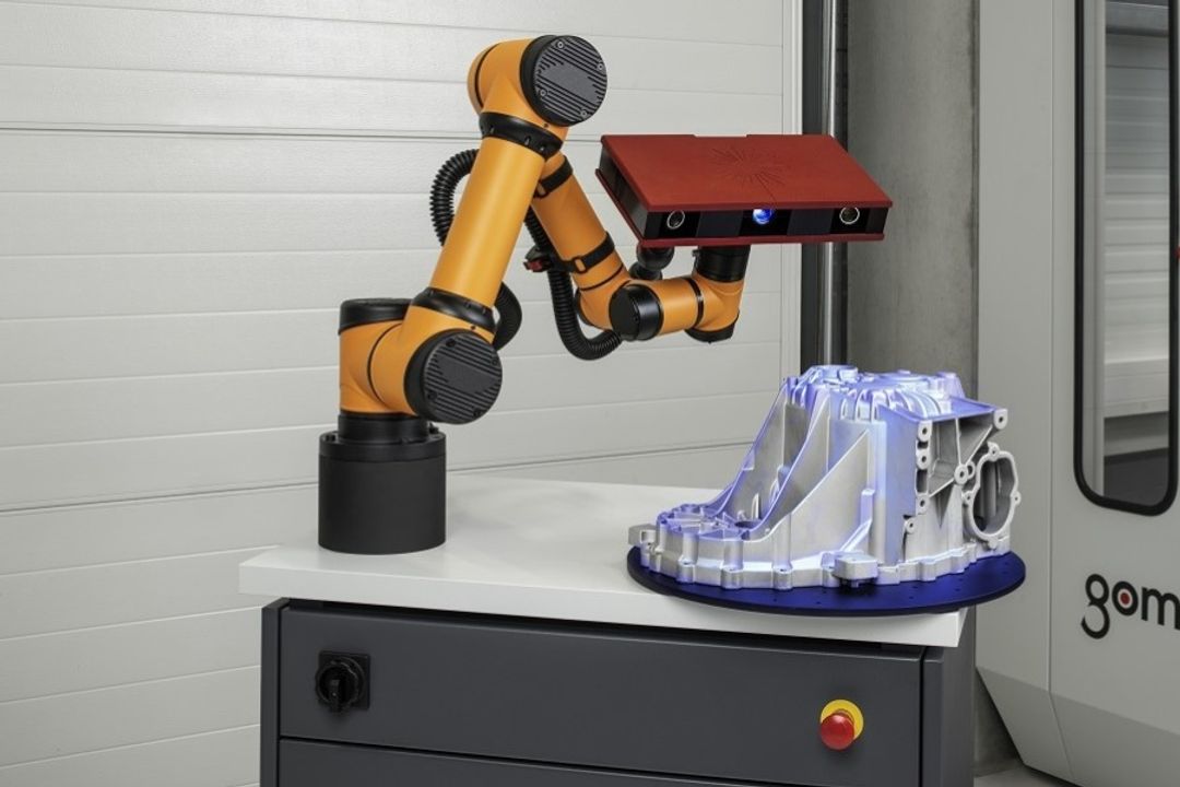 GOM presents a mobile measuring station with a collaborative robot. Equipped with a motorized rotary table and software including a virtual measuring room, the ScanCobot enables entry into automated 3D measurement technology. GOM presents a mobile measuring station with a collaborative robot. Equipped with a motorized rotary table and software including a virtual measuring room, the ScanCobot enables entry into automated 3D measurement technology.