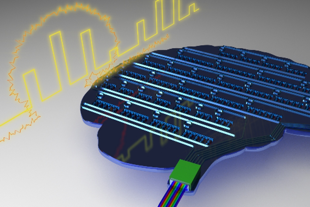 Auf dem Chip erstreckt sich ein künstliches Netz von Neuronen und Synapsen, das mit Licht arbeitet. 