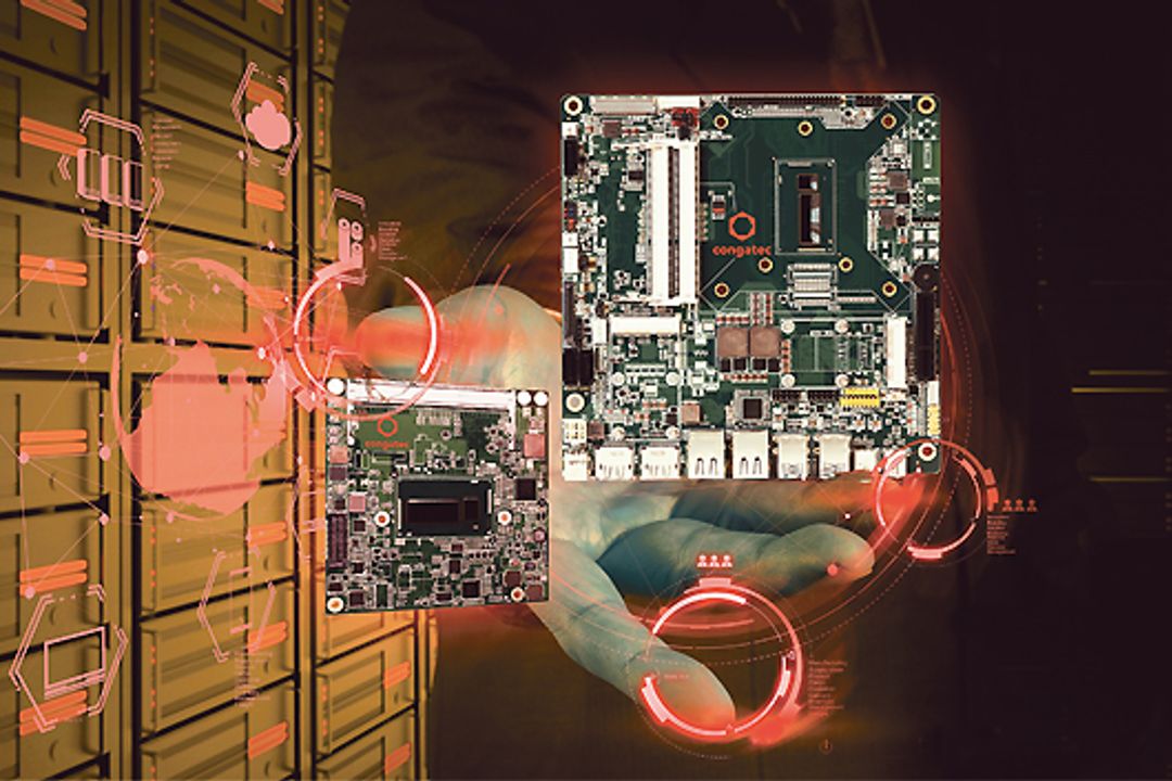 Hand mit Thin-Mini-ITX- und COM-Express-Compact-Embedded-Computer von Congatec Hand mit Thin-Mini-ITX- und COM-Express-Compact-Embedded-Computer von Congatec