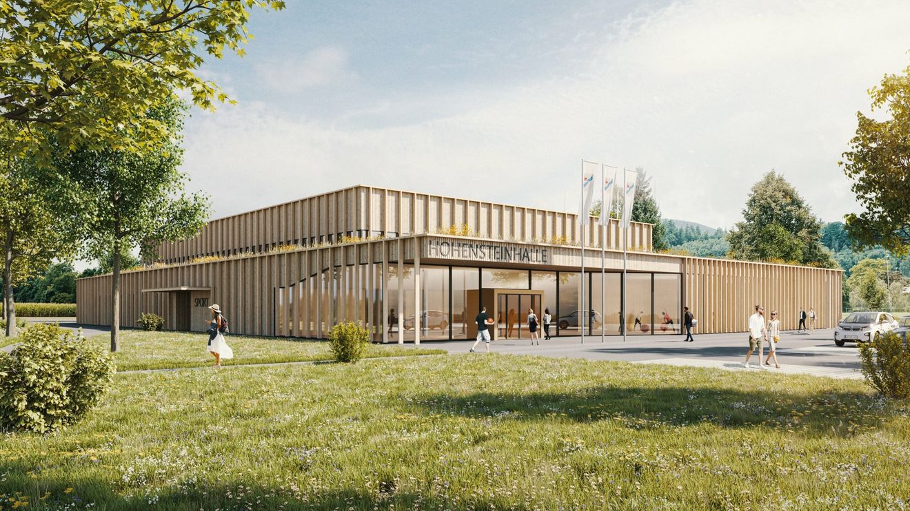Bis Ende 2023 errichtet i+R eine neue Dreifeldsporthalle für die Gemeinde Gingen an der Fils (Foto/Visualisierung: Hof437)