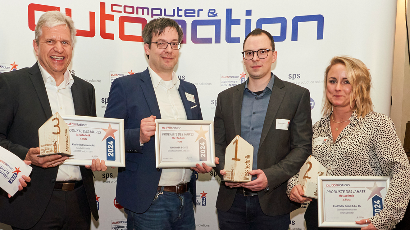 The winners in the 'Measurement Technology' category: Wolfgang Ziehers (Kistler), Martin Eppinger and Dominik Auth (Jumo) and Jessica Genz (Vahle) The winners in the 'Measurement Technology' category: Wolfgang Ziehers (Kistler), Martin Eppinger and Dominik Auth (Jumo) and Jessica Genz (Vahle)