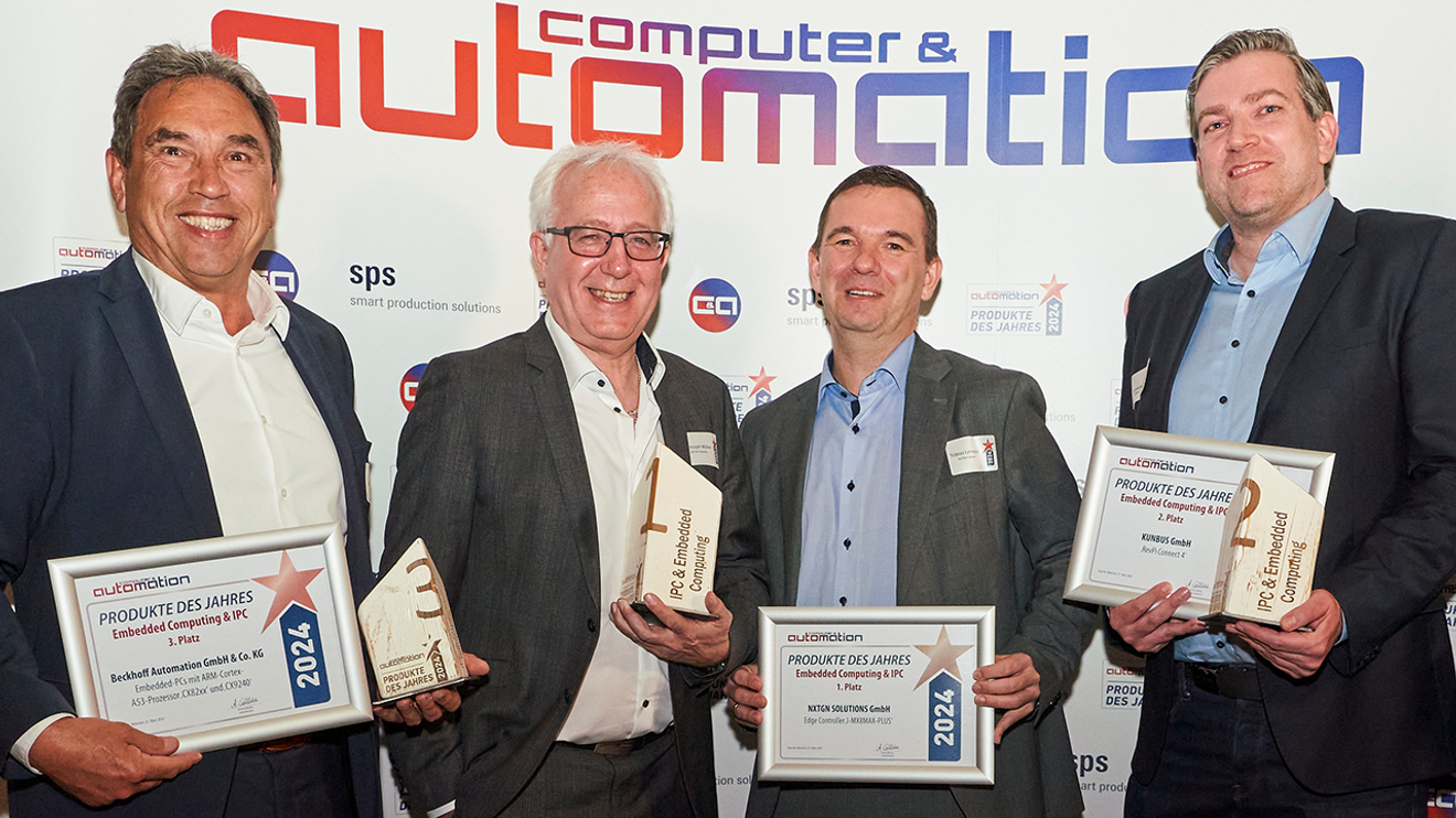 Die Preisträger der Kategorie ‚Embedded Computing & IPC‘ (von links): Stefan Lorenz (Beckhoff), Christoph Müller und Tobias Lehmeier (NXTGN Solutions), Ekkehard Krebs (Kunbus). Die Preisträger der Kategorie ‚Embedded Computing & IPC‘ (von links): Stefan Lorenz (Beckhoff), Christoph Müller und Tobias Lehmeier (NXTGN Solutions), Ekkehard Krebs (Kunbus).
