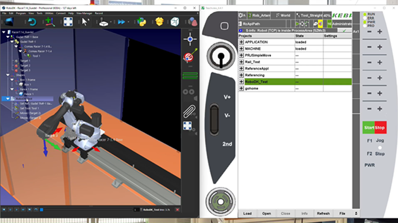 The connection of Keba control technology to RoboDK enables users to virtually create and test robot cell scenarios in a simulated environment. The connection of Keba control technology to RoboDK enables users to virtually create and test robot cell scenarios in a simulated environment.