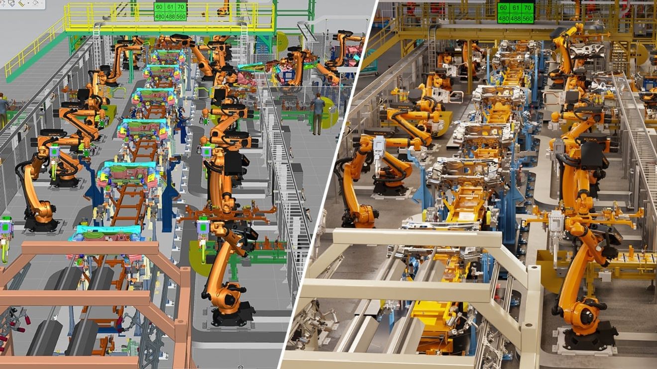Siemens Process Simulate (left) is connected to Nvidia Omniverse (right) to enable a photorealistic digital twin with full design fidelity in real time.