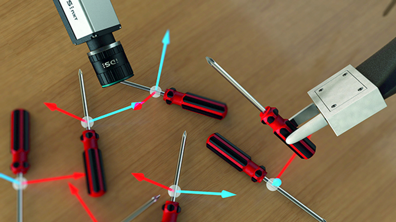 The IDS NXT camera localizes and detects the exact position and orientation of the objects. This enables the robot to pick and place objects independently. The IDS NXT camera localizes and detects the exact position and orientation of the objects. This enables the robot to pick and place objects independently.