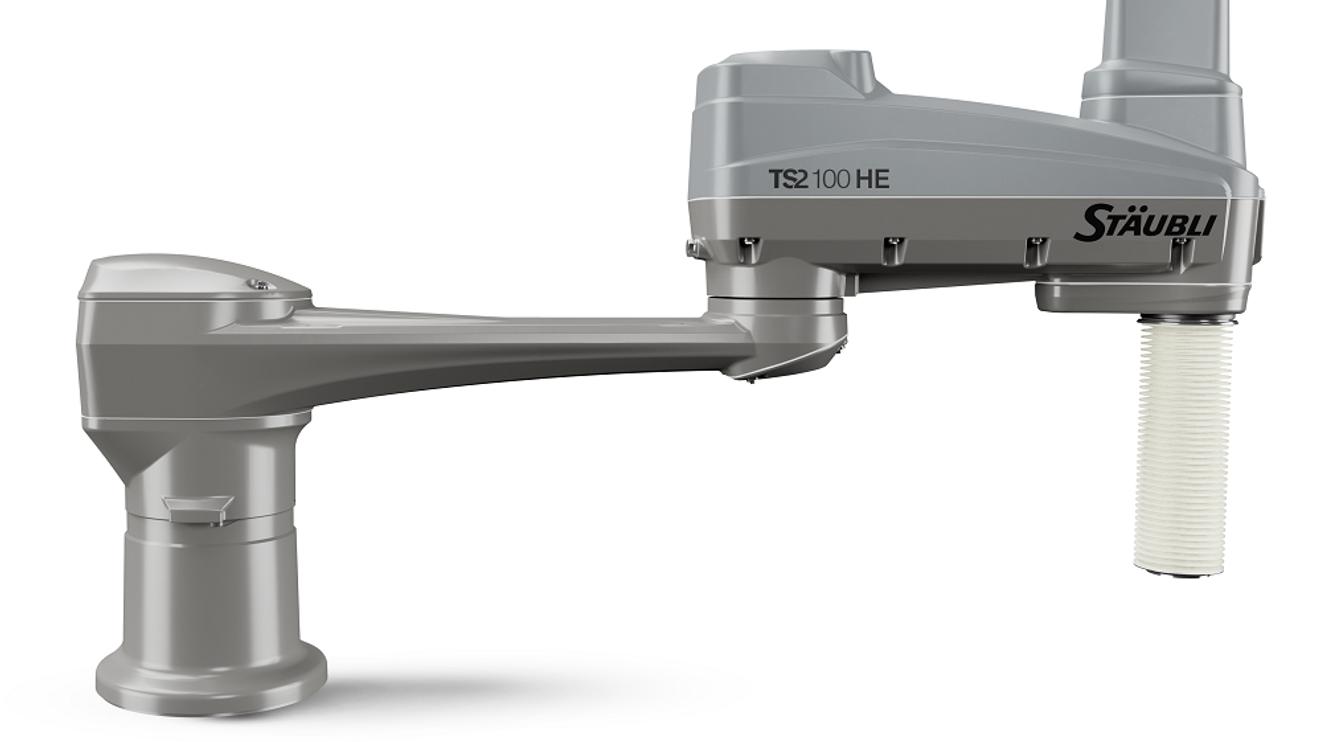The Scara robots in the TS2 series from Stäubli have a wash-down-capable hygienic design and will also be available in a Stericlean version in the future The Scara robots in the TS2 series from Stäubli have a wash-down-capable hygienic design and will also be available in a Stericlean version in the future