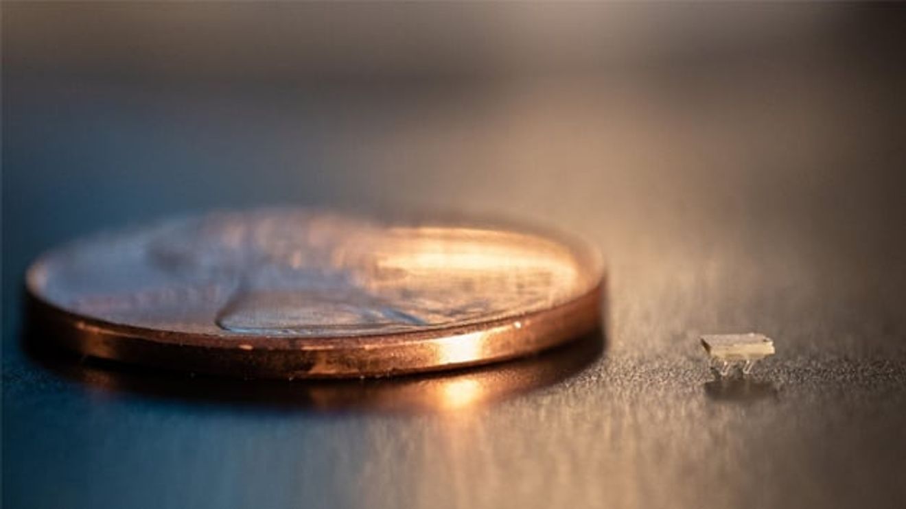 Size comparison of the micro-bristle bot with a penny Size comparison of the micro-bristle bot with a penny