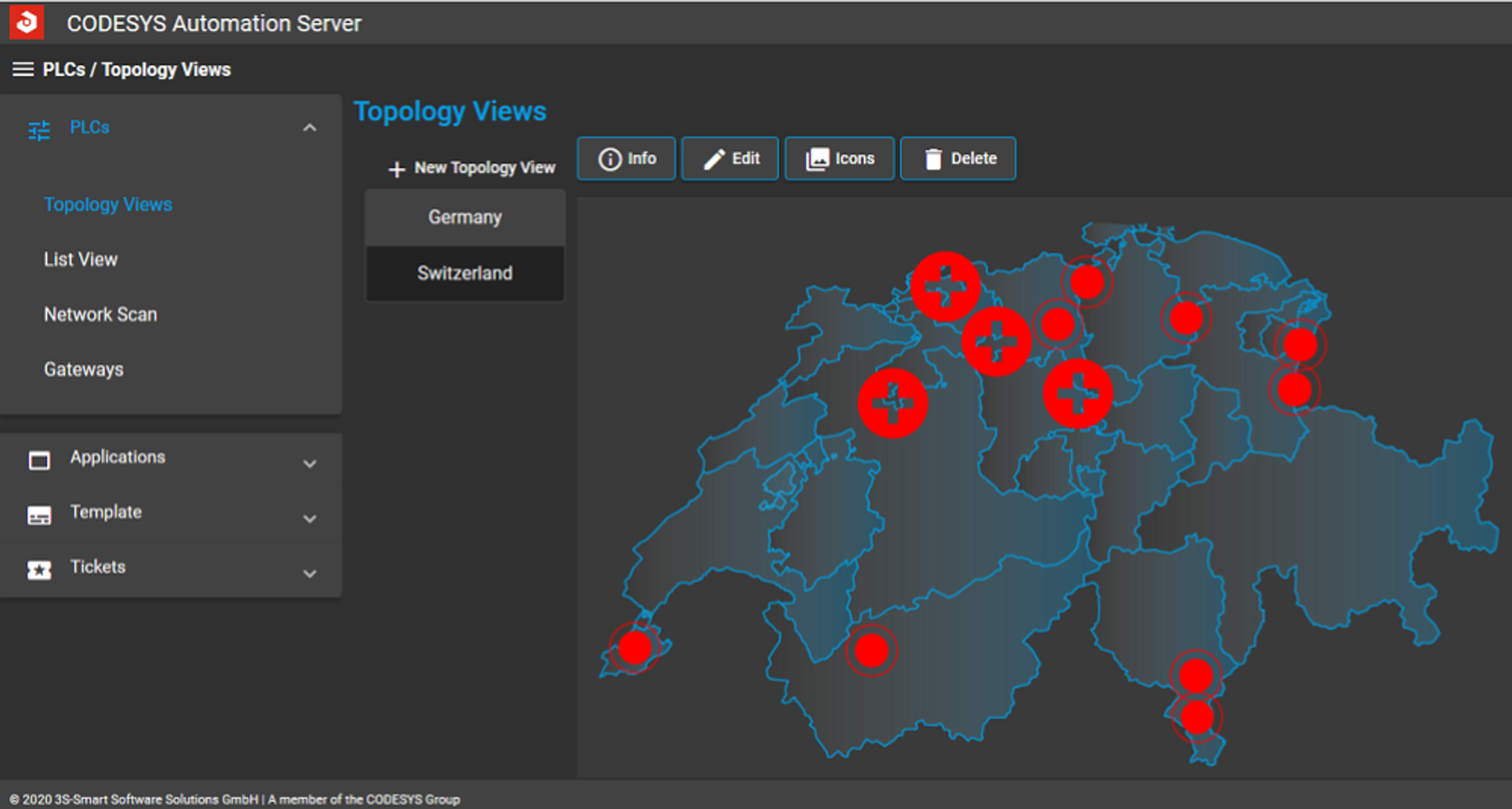 The topology view for plant locations in Switzerland: Regional detailed views or control information for individual plants are immediately available at the click of a mouse.
