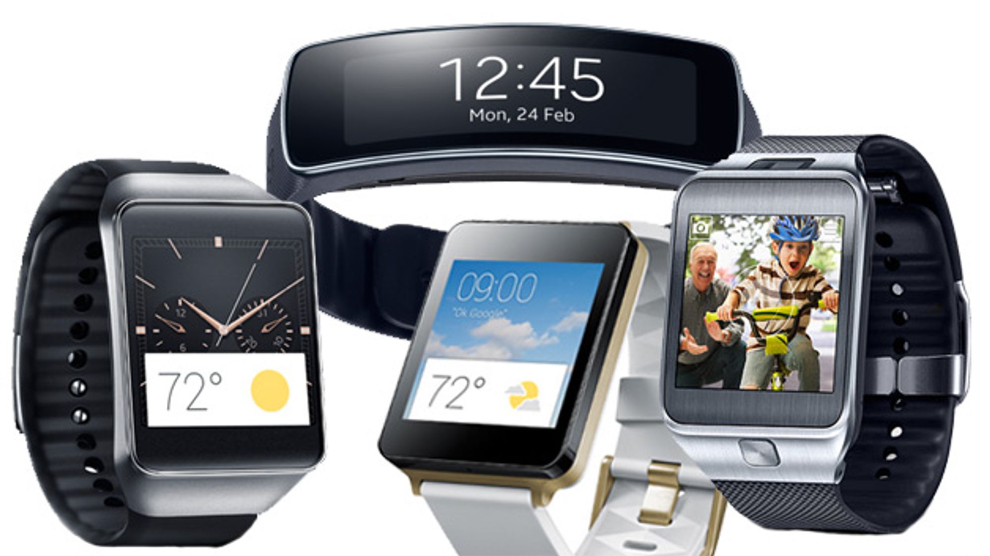 Die vier Smartwatches LG G Watch, Samsung Gear 2, Gear live und Gear fit gegenübergestellt Die vier Smartwatches LG G Watch, Samsung Gear 2, Gear live und Gear fit gegenübergestellt
